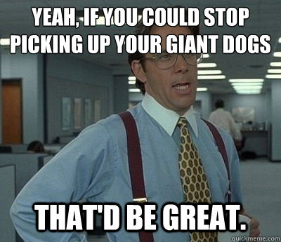 Yeah, if you could stop picking up your giant dogs That'd be great.  Bill lumberg