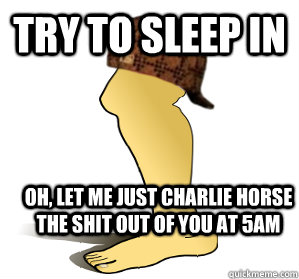 Try to sleep in Oh, let me just CHARLIE HORSE the shit out of you at 5AM - Try to sleep in Oh, let me just CHARLIE HORSE the shit out of you at 5AM  Scumbag Leg