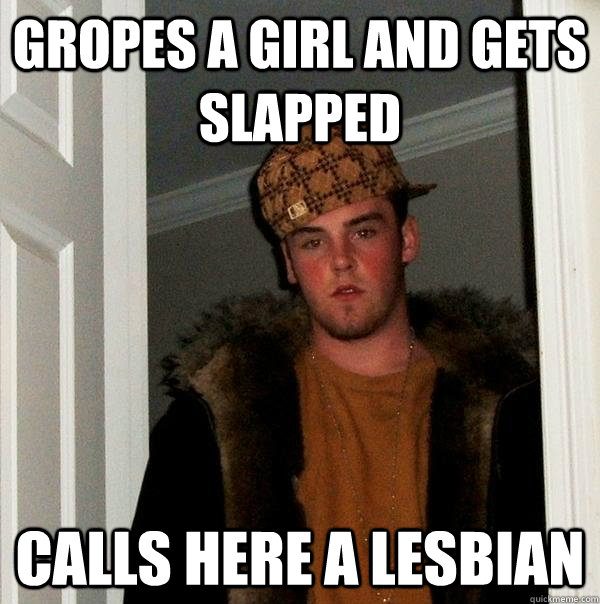 Gropes a girl and gets slapped Calls here a lesbian  Scumbag Steve