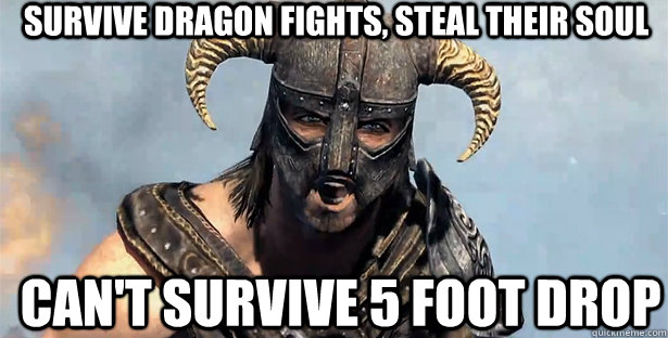 Survive dragon fights, steal their soul Can't survive 5 foot drop  skyrim