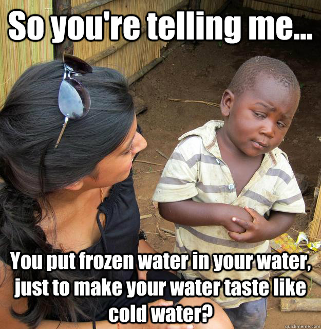 So you're telling me... You put frozen water in your water, just to make your water taste like cold water? - So you're telling me... You put frozen water in your water, just to make your water taste like cold water?  3rd World Skeptical Child