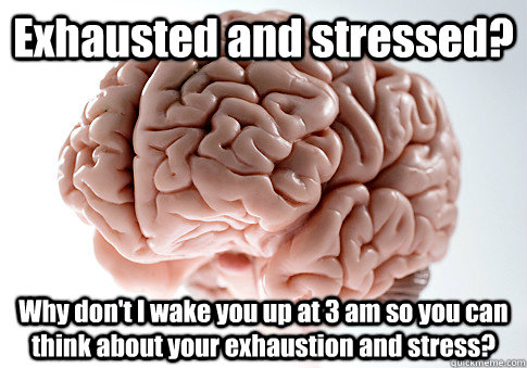 Exhausted and stressed? Why don't I wake you up at 3 am so you can think about your exhaustion and stress?  - Exhausted and stressed? Why don't I wake you up at 3 am so you can think about your exhaustion and stress?   Scumbag Brain