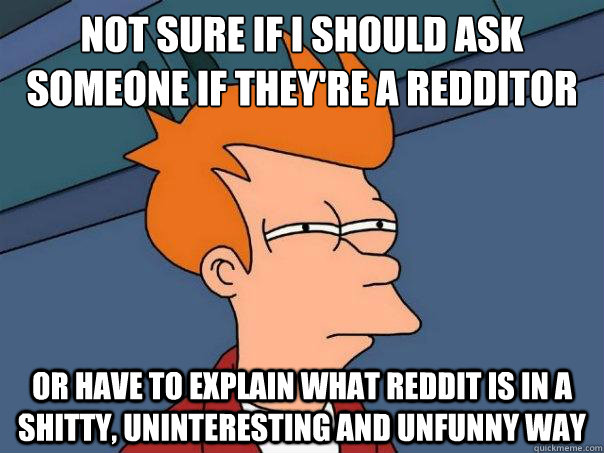 Not sure if I should ask someone if they're a redditor Or have to explain what reddit is in a shitty, uninteresting and unfunny way  Futurama Fry