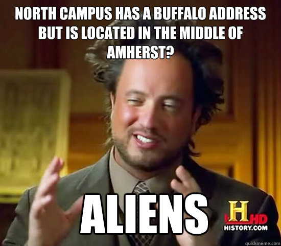 North campus has a buffalo address but is located in the middle of Amherst?  Aliens - North campus has a buffalo address but is located in the middle of Amherst?  Aliens  Ancient Aliens