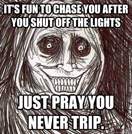 it's fun to chase you after you shut off the lights just pray you never trip. - it's fun to chase you after you shut off the lights just pray you never trip.  Horrifying Houseguest