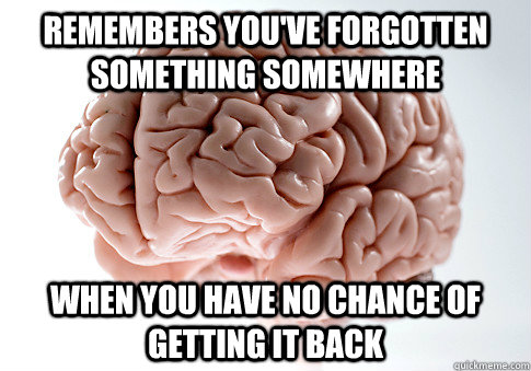 remembers you've forgotten something somewhere when you have no chance of getting it back   Scumbag Brain