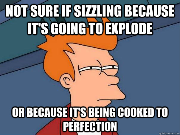 Not sure if sizzling because it's going to explode Or because it's being cooked to perfection - Not sure if sizzling because it's going to explode Or because it's being cooked to perfection  Futurama Fry