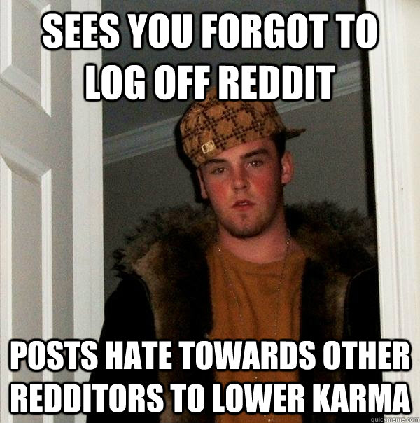 sees you forgot to log off reddit posts hate towards other redditors to lower karma  Scumbag Steve