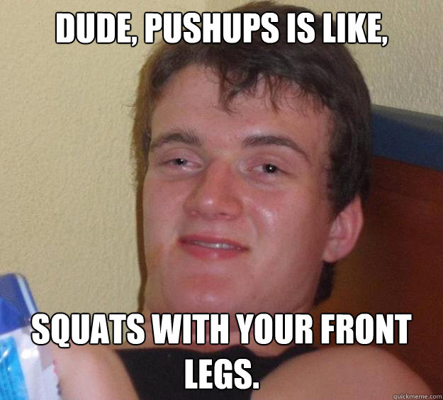 Dude, pushups is like, squats with your front legs.  10 Guy