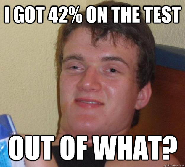 I got 42% on the test Out of what?
  10 Guy