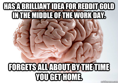 Has a brilliant Idea for reddit gold in the middle of the work day. Forgets all about by the time you get home.  Scumbag Brain