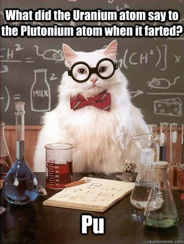 What did the Uranium atom say to the Plutonium atom when it farted? Pu  Chemistry Cat