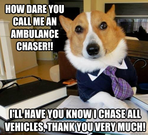 How dare you call me an ambulance chaser!! I'll have you know I chase all vehicles, thank you very much!  Lawyer Dog