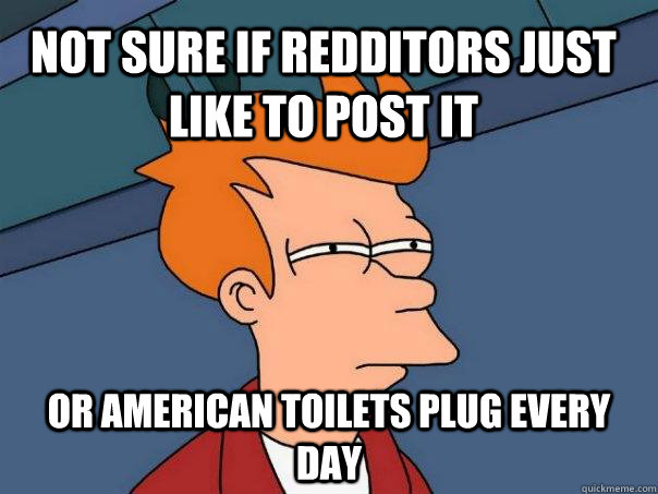 Not sure if redditors just like to post it or american toilets plug every day  Futurama Fry