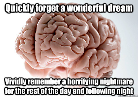 Quickly forget a wonderful dream Vividly remember a horrifying nightmare for the rest of the day and following night  Scumbag Brain