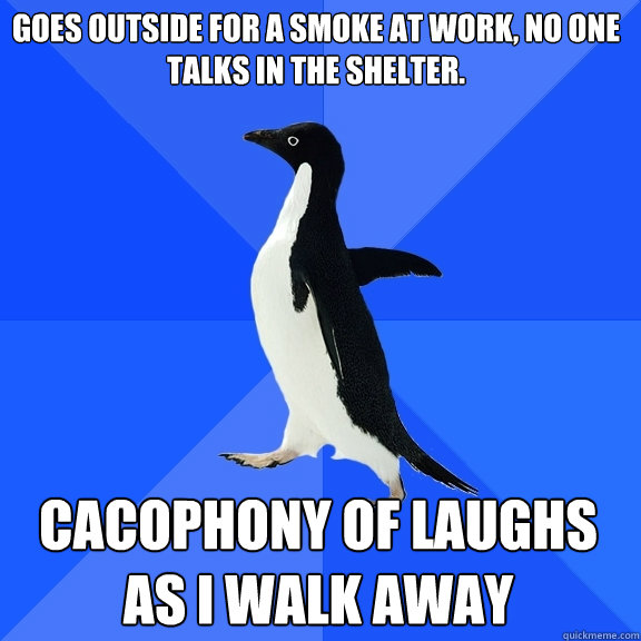 Goes outside for a smoke at work, no one talks in the shelter. Cacophony of laughs as i walk away - Goes outside for a smoke at work, no one talks in the shelter. Cacophony of laughs as i walk away  Socially Awkward Penguin