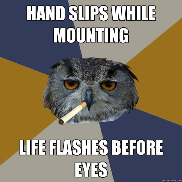 hand slips while mounting life flashes before eyes  Art Student Owl