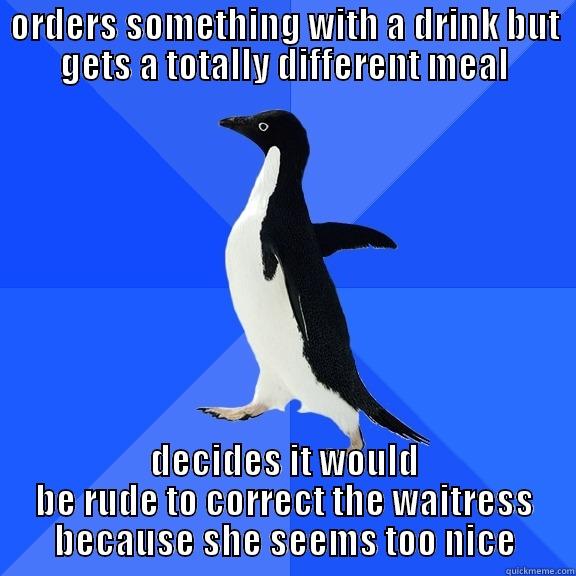 ORDERS SOMETHING WITH A DRINK BUT GETS A TOTALLY DIFFERENT MEAL DECIDES IT WOULD BE RUDE TO CORRECT THE WAITRESS BECAUSE SHE SEEMS TOO NICE Socially Awkward Penguin