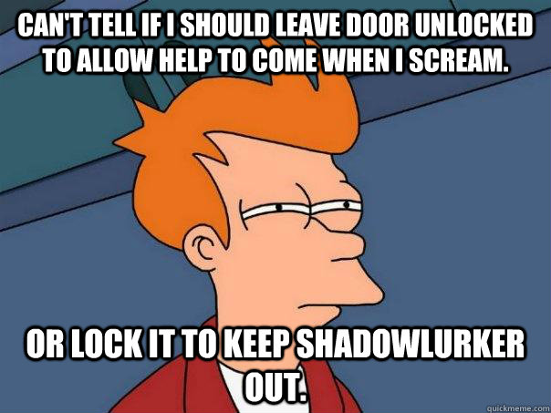 Can't tell if I should leave door unlocked to allow help to come when I scream. Or lock it to keep Shadowlurker out.   Futurama Fry