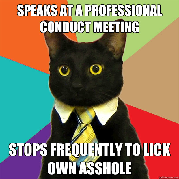 speaks at a professional conduct meeting stops frequently to lick own asshole  Business Cat