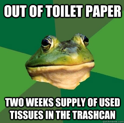 Out of toilet paper Two weeks supply of used tissues in the trashcan  Foul Bachelor Frog