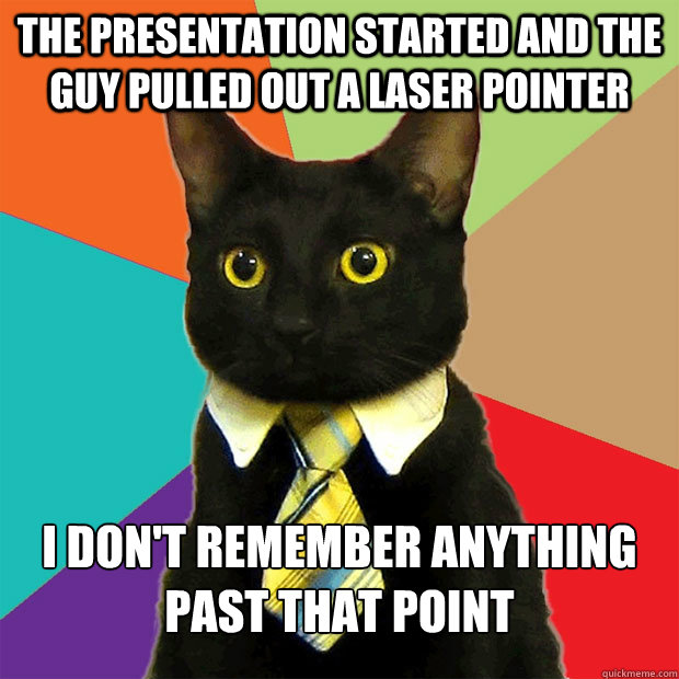 The presentation started and the guy pulled out a laser pointer I don't remember anything past that point  Business Cat