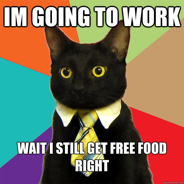 im going to work wait i still get free food right  Business Cat