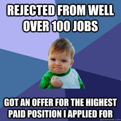 Rejected from well over 100 jobs Got an offer for the highest paid position i applied for  
