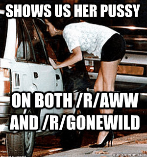 Shows us her pussy On both /r/Aww and /r/Gonewild  Karma Whore