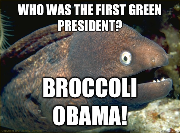 Who was the first green president? Broccoli Obama!  Bad Joke Eel