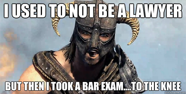 I used to not be a lawyer
 But then I took a bar exam....to the knee
  Took an Arrow to the Knee