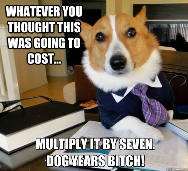 Whatever you thought this was going to cost... Multiply it by seven.  
Dog years bitch!  Lawyer Dog