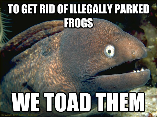 To get rid of illegally parked frogs we toad them  Bad Joke Eel