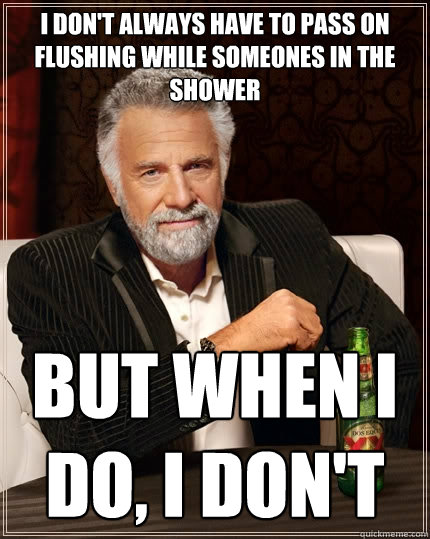 I don't always have to pass on flushing while someones in the shower but when I do, I don't - I don't always have to pass on flushing while someones in the shower but when I do, I don't  The Most Interesting Man In The World