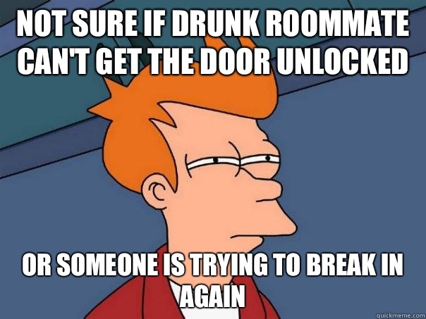 Not sure if drunk roommate can't get the door unlocked Or someone is trying to break in again  Futurama Fry