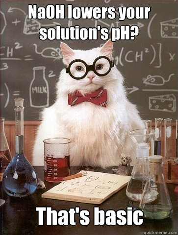 NaOH lowers your solution's pH? That's basic  Chemistry Cat