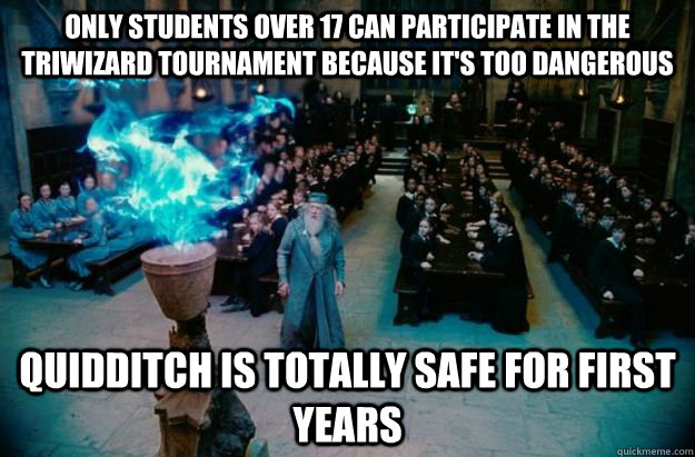 only students over 17 can participate in the triwizard tournament because it's too dangerous quidditch is totally safe for first years - only students over 17 can participate in the triwizard tournament because it's too dangerous quidditch is totally safe for first years  Goblet of fire