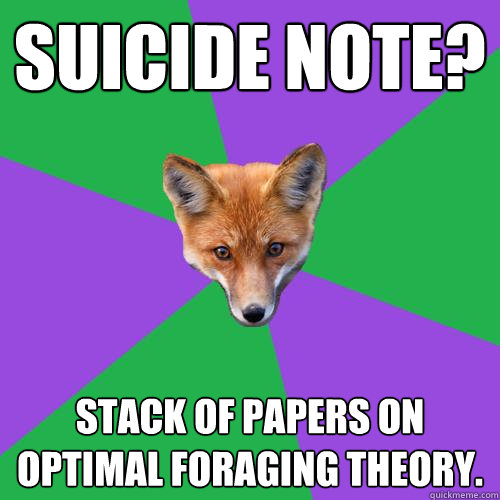 Suicide note? Stack of papers on Optimal Foraging Theory.  Anthropology Major Fox