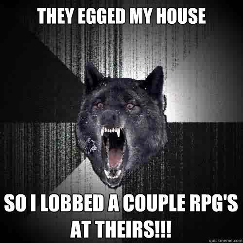 THEY EGGED MY HOUSE SO i LOBBED A COUPLE RPG'S AT THEIRS!!!   Insanity Wolf