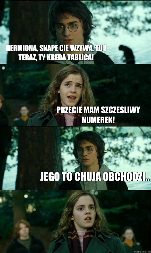 Hermiona, Snape cie wzywa, tu i teraz, ty kreda tablica! Przecież mam szczesliwy numerek! Jego to chuja obchodzi..  Horny Harry