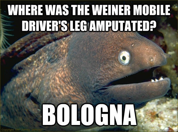 Where was the Weiner Mobile driver's leg amputated? bologna  Bad Joke Eel