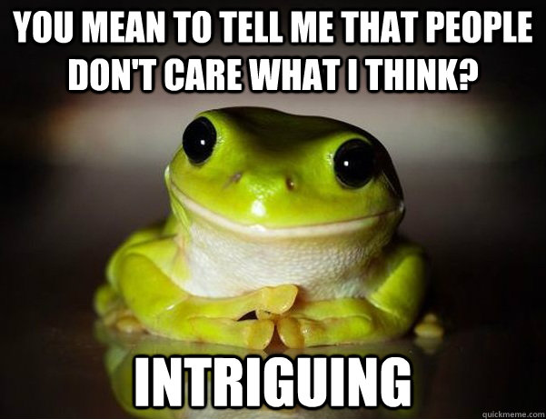 You mean to tell me that people don't care what I think? Intriguing  Fascinated Frog