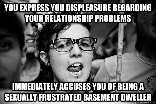 you express you displeasure regarding your relationship problems immediately accuses you of being a sexually frustrated basement dweller  Hypocrite Feminist