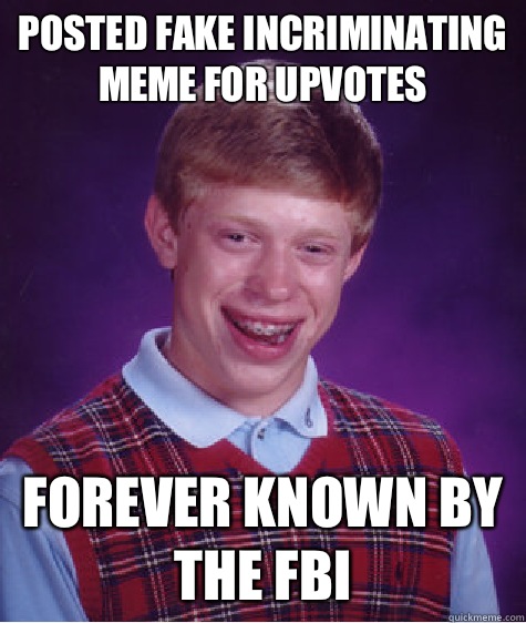 Posted fake incriminating meme for upvotes Forever known by the FBI   Bad Luck Brian