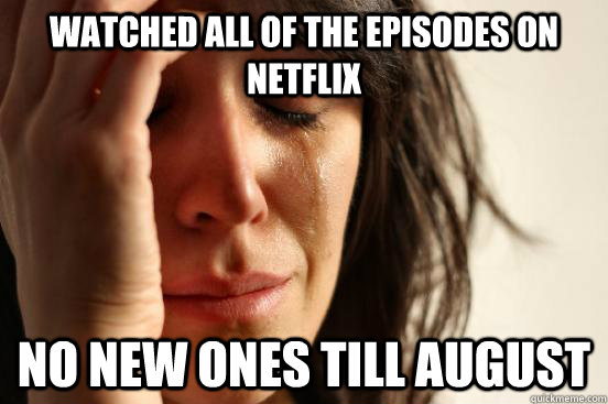 Watched all of the episodes on netflix no new ones till august  First World Problems