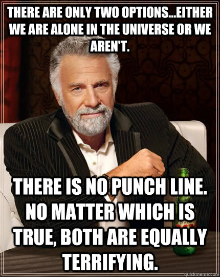 There are only two options...Either we are alone in the universe or we aren't. There is no punch line. No matter which is true, both are equally terrifying.  The Most Interesting Man In The World