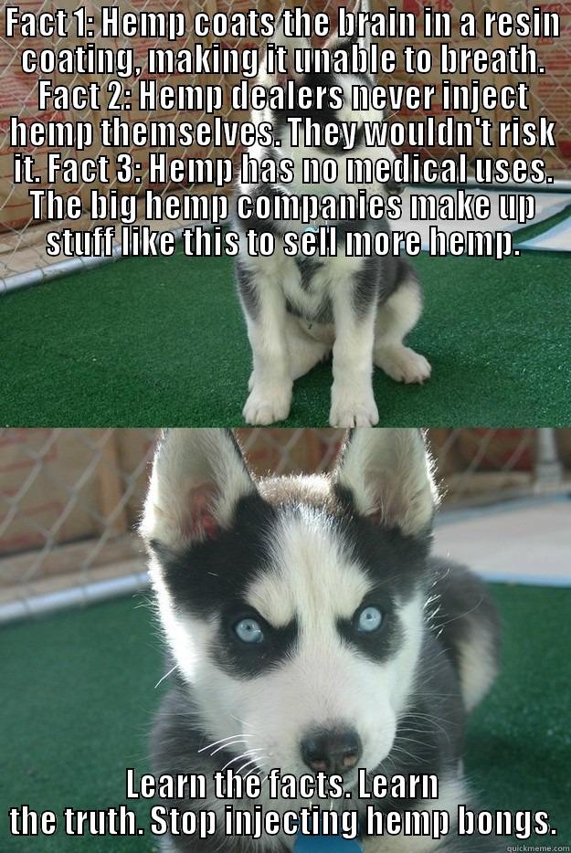 FACT 1: HEMP COATS THE BRAIN IN A RESIN COATING, MAKING IT UNABLE TO BREATH. FACT 2: HEMP DEALERS NEVER INJECT HEMP THEMSELVES. THEY WOULDN'T RISK IT. FACT 3: HEMP HAS NO MEDICAL USES. THE BIG HEMP COMPANIES MAKE UP STUFF LIKE THIS TO SELL MORE HEMP. LEARN THE FACTS. LEARN THE TRUTH. STOP INJECTING HEMP BONGS. Insanity puppy