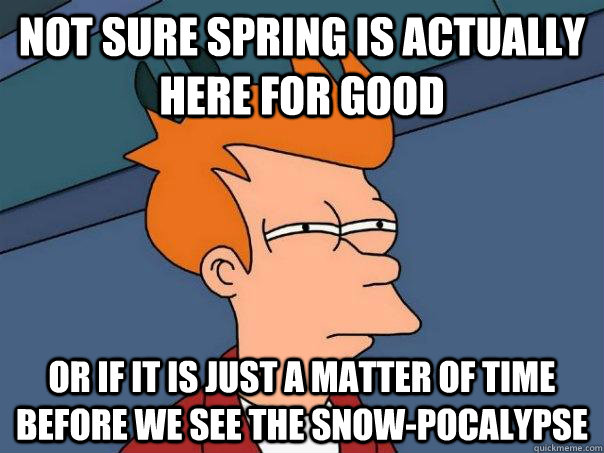 not sure spring is actually here for good or if it is just a matter of time before we see the snow-pocalypse - not sure spring is actually here for good or if it is just a matter of time before we see the snow-pocalypse  Futurama Fry