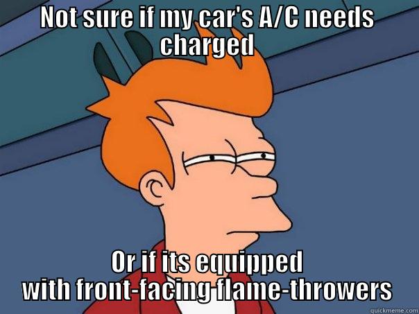 NOT SURE IF MY CAR'S A/C NEEDS CHARGED OR IF ITS EQUIPPED WITH FRONT-FACING FLAME-THROWERS Futurama Fry