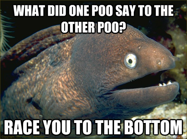 What did one poo say to the other poo? Race you to the bottom  Bad Joke Eel